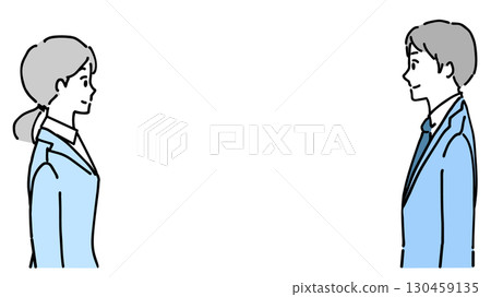 Illustration of a young man and woman in suits facing each other 130459135