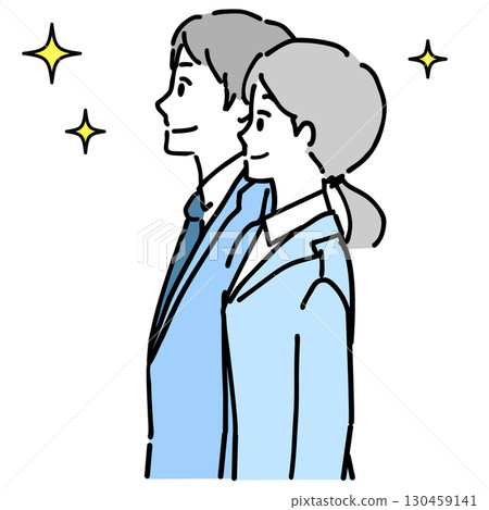 穿著西裝、眼睛閃閃發光的男人和女人的上半身插圖 130459141