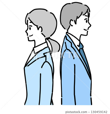 Illustration of the upper body of a young man and woman in suits standing back to back 130459142