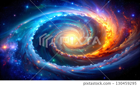 Majestic colorful spiral galaxy glowing in deep space. Blue and orange cosmic nebula and star formations swirl around bright core, an awe inspiring and abstract universe 130459295