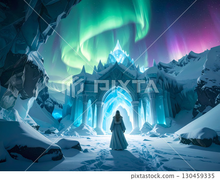 Mysterious fantasy ice castle with glowing gateway in snowy mountain landscape. lone figure observes magical aurora borealis with awe Mysterious fantasy ice castle with glowing gateway in snowy mountain landscape. lone figure observes magical aurora borealis with awe 130459335