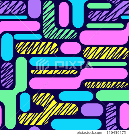 Vibrant abstract seamless pattern with colorful rounded shapes on dark blue background. 130459375