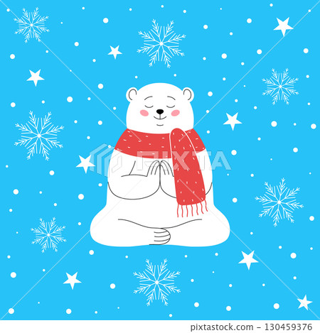Card with cute white bear meditating  130459376