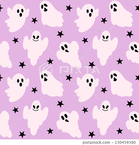 Cute seamless pattern with ghosts and black stars on a purple background. 130459380