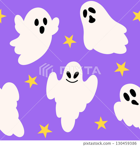 A seamless pattern with cute white ghosts and yellow stars on a vibrant purple background. 130459386
