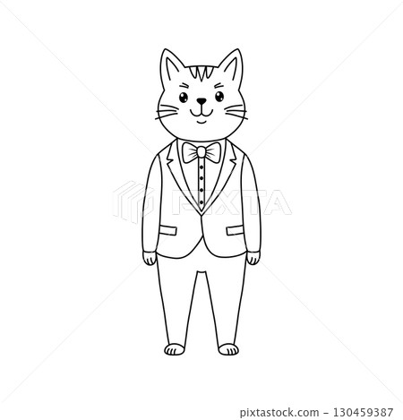 A cute cat wearing a suit and bow tie, doodle illustration. 130459387