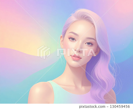 Beautiful Asian woman with pastel purple hair showing serene expression. digital art illustration with colorful, abstract, soft background embodying beauty and fantasy concept 130459456