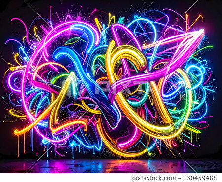 Abstract neon light graffiti, vibrant and colorful art piece. Glowing swirls of energy create dynamic and chaotic tangle of lines, with messy, wet reflection below 130459488