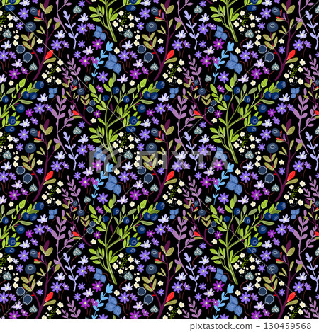 A colorful pattern featuring northern plants and herbs, a blueberry meadow. Flowers, berries, and leaves on a black background. 130459568