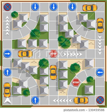 Moving the taxi in the city. Board game. Vector design for app game user interface. Moving the taxi in the city. Board game. Vector design for app game user interface. 130459586