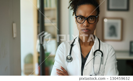 A female black doctor with a serious expression 130459632