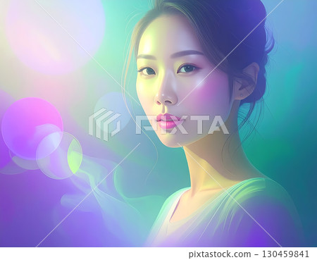 Dreamy portrait of beautiful Asian woman with an ethereal glow. Her serene expression and elegant hairstyle against fantasy background of pastel bokeh light and abstract color 130459841