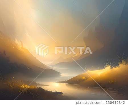 Dramatic fantasy landscape painting of serene river valley. Golden sun light breaks through clouds over mountain at sunrise, creating beautiful and peaceful view Dramatic fantasy landscape painting of serene river valley. Golden sun light breaks through clouds over mountain at sunrise, creating beautiful and peaceful view 130459842
