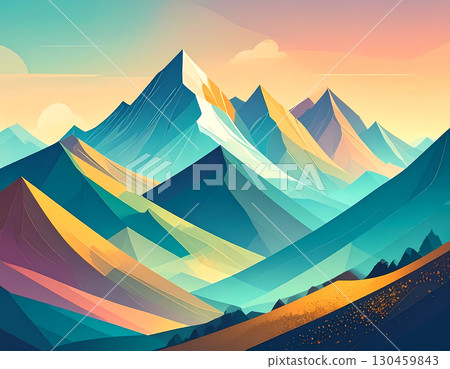 Serene colorful mountain landscape illustration. Vector background of scenic nature peak at sunrise. Majestic peaceful concept, perfect for travel or adventure themes Serene colorful mountain landscape illustration. Vector background of scenic nature peak at sunrise. Majestic peaceful concept, perfect for travel or adventure themes 130459843
