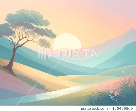 Serene landscape illustration of lone tree on hill with beautiful sunrise over rolling mountains. calm, peaceful scene uses soft pastel color for tranquil background 130459869