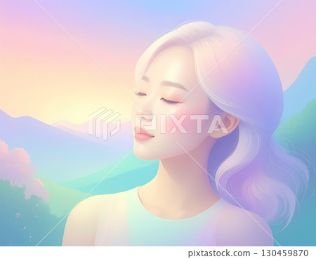 Serene beautiful young asian woman with pastel hair and closed eye enjoys peaceful moment. Calm tranquility in dreamlike mountain landscape at sunrise, feeling content 130459870