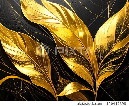 Luxurious elegant abstract background illustration featuring shiny golden leaf art. decorative nature design on dark texture creating sense of calm and opulence 130459898