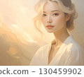 Beautiful serene Asian woman with blonde hair in portrait. Natural beauty and wellness concept with gentle expression against soft, golden, ethereal background 130459902