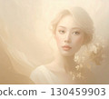 Serene portrait of beautiful Asian woman holding delicate flower. elegant lady has dreamy expression with soft light creating an ethereal, gentle atmosphere 130459903