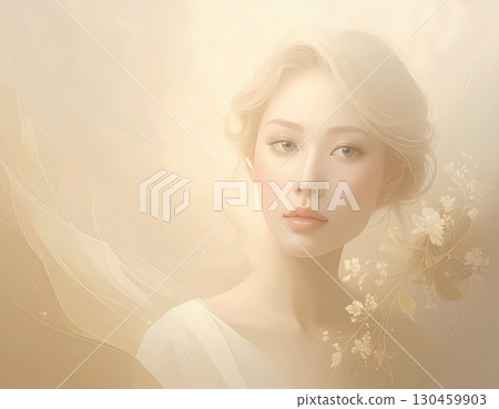 Serene portrait of beautiful Asian woman holding delicate flower. elegant lady has dreamy expression with soft light creating an ethereal, gentle atmosphere 130459903