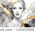 Serene woman portrait showing elegant beauty with gold lines over marble background. This art piece represents luxury fashion and makeup concepts for sophisticated look 130459908