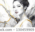 Serene art portrait of beautiful Asian woman. Luxury fashion and beauty concept with gold kintsugi detail on her skin against white and gold marble background 130459909