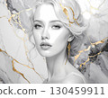 Beautiful, serene woman in luxury fashion portrait. Abstract art with white marble background, elegant gold vein detail and flawless skin. concept of modern beauty 130459911