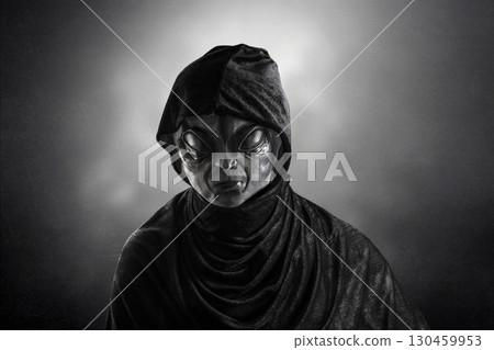 Mysterious humanoid alien at night over dark misty background Mysterious humanoid alien at night over dark misty background 130459953