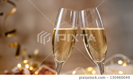 Two champagne glasses clinking together with golden sparkling wine and festive lights in background. Celebration and holiday mood. 130460049