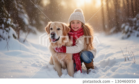 Happy little girl hugging golden retriever in snowy forest at sunset during winter. Warm friendship and joy in magical Christmas atmosphere. Happy little girl hugging golden retriever in snowy forest at sunset during winter. Warm friendship and joy in magical Christmas atmosphere. 130460050