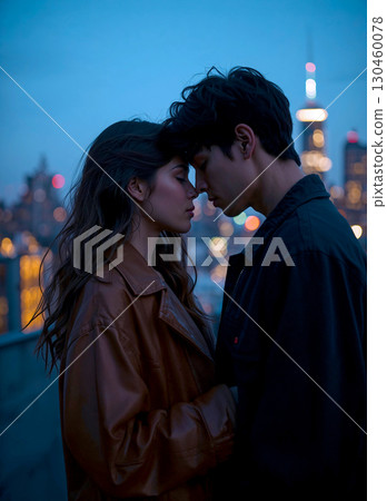 Romantic young couple sharing an intimate moment on a rooftop at dusk. Man and woman in love, touching foreheads against a blurred city lights background. 130460078