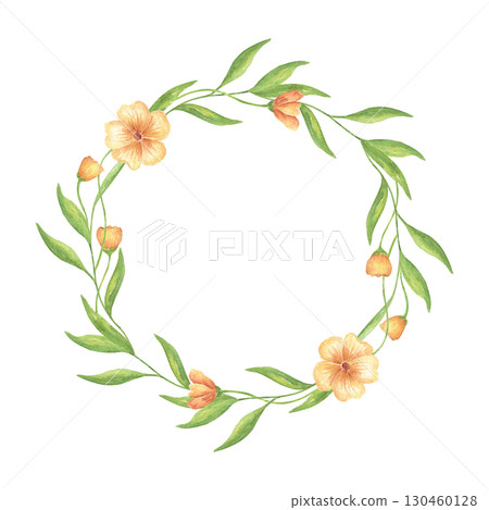 Round flower wreath with orange violets. Yellow wildflowers with greenery. Watercolor wreath with space for text, for wedding invitations, holiday cards, and birthday greetings. Round flower wreath with orange violets. Yellow wildflowers with greenery. Watercolor wreath with space for text, for wedding invitations, holiday cards, and birthday greetings. 130460128