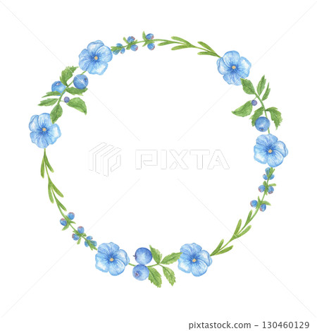 Round flower wreath with blue wildflowers and blueberry berries. Watercolor frame with delicate wildflowers and berries. Meadow flower frame for greeting cards and wedding invitations. Round flower wreath with blue wildflowers and blueberry berries. Watercolor frame with delicate wildflowers and berries. Meadow flower frame for greeting cards and wedding invitations. 130460129