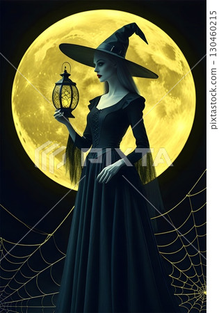 A silhouetted witch in a long black dress and pointed hat stands against a full moon. She holds an ornate lantern, casting a mysterious glow.  A silhouetted witch in a long black dress and pointed hat stands against a full moon. She holds an ornate lantern, casting a mysterious glow.  130460215