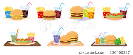 速食菜單套裝 | 漢堡、熱狗、薯條和飲料的佈置變化 130460237