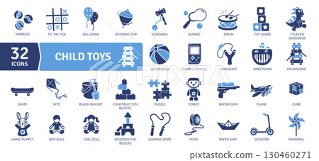 Child Toys Icons: Playtime and Childhood Fun. Classic and modern playthings, including outdoor toys 130460271