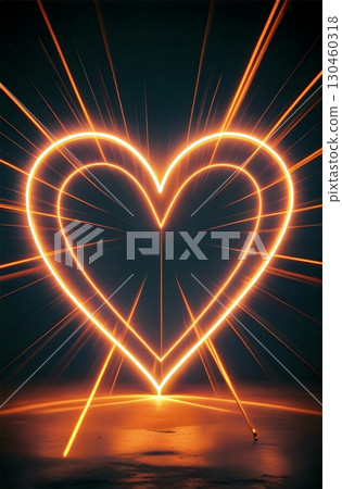 A glowing heart shape made of bright orange light beams stands against a dark background.  130460318