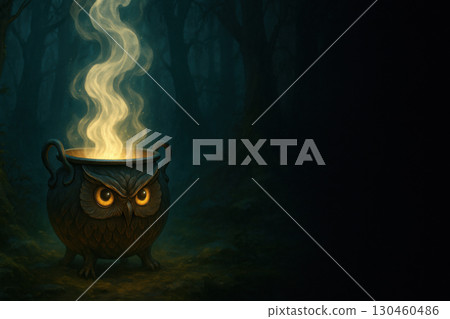 Owl shaped cauldron emits glowing smoke in enchanted forest, creating mystical atmosphere that captivates imagination 130460486