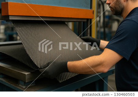 Worker handling carbon fiber sheets on industrial press machine, showcasing high tech manufacturing process with precision and care 130460503