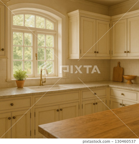 Elegant Vintage Kitchen with Creamy Cabinets and Large Garden Window French Cottage Style Natural Light Cozy Atmosphere Elegant Vintage Kitchen with Creamy Cabinets and Large Garden Window French Cottage Style Natural Light Cozy Atmosphere 130460537