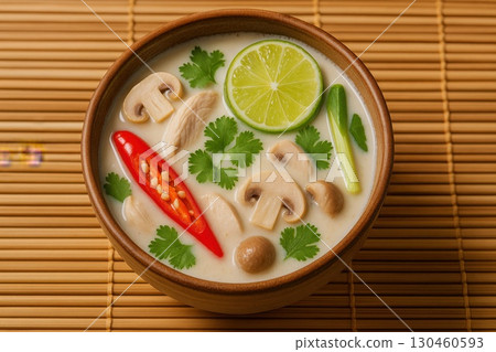 Savoring Traditional Thai Tom Kha Gai Soup Thailand Food Photography Cultural Top-Down Culinary Experience 130460593