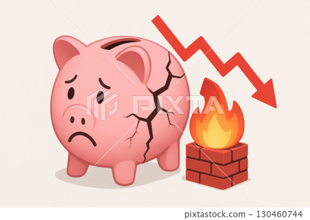 Cracked pink piggy bank with sad face and downward arrow symbolizes financial crisis, economic downturn, and loss of savings 130460744