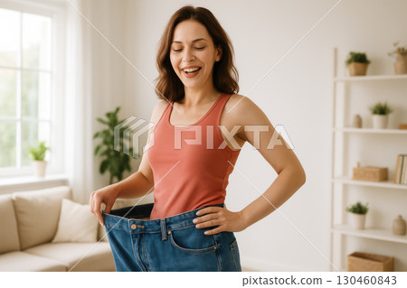 Happy woman wearing oversized jeans showing weight loss progress, smiling indoors in bright home setting, celebrating her fitness transformation 130460843