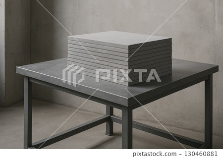 Stack of gray fiber cement boards on metal table in minimalist workshop, showcasing modern construction materials and industrial design Stack of gray fiber cement boards on metal table in minimalist workshop, showcasing modern construction materials and industrial design 130460881