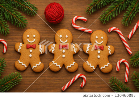 Three smiling gingerbread men with icing details wooden table surrounded by pine branches, red yarn ball, and candy canes create festive Three smiling gingerbread men with icing details wooden table surrounded by pine branches, red yarn ball, and candy canes create festive 130460893