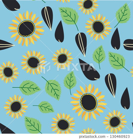 Seamless pattern with sunflower, green leaves and black seeds 130460923