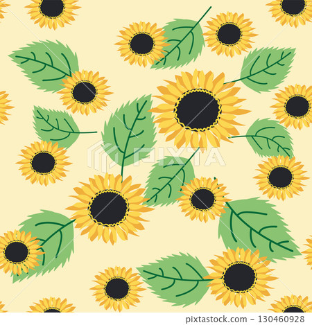 Seamless pattern with sunflower, green leaves and black seeds 130460928