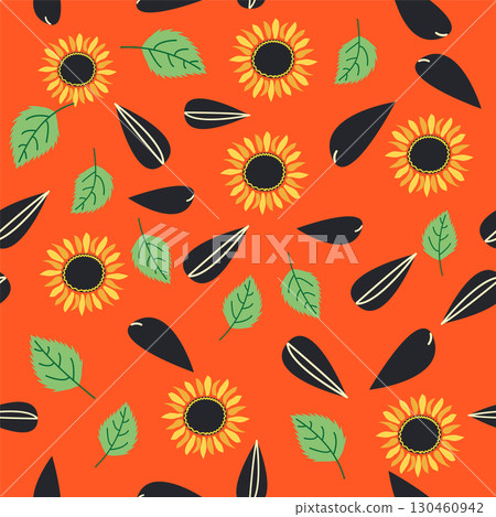 Seamless pattern with sunflower, green leaves and black seeds 130460942
