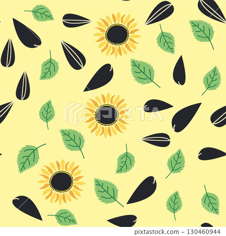 Seamless pattern with sunflower, green leaves and black seeds 130460944
