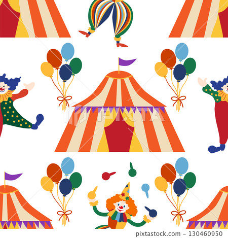 Seamless pattern with CIRCUS theme. Clowns, strongmen, lions, magic hat, hare in hat, holiday, balloons, tents. Circus characters. Cartoon flat style. 130460950